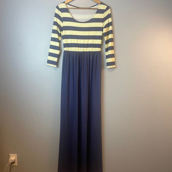 Maxi Dress Striped Navy and Yellow Womens M-L - Picture 2 of 6